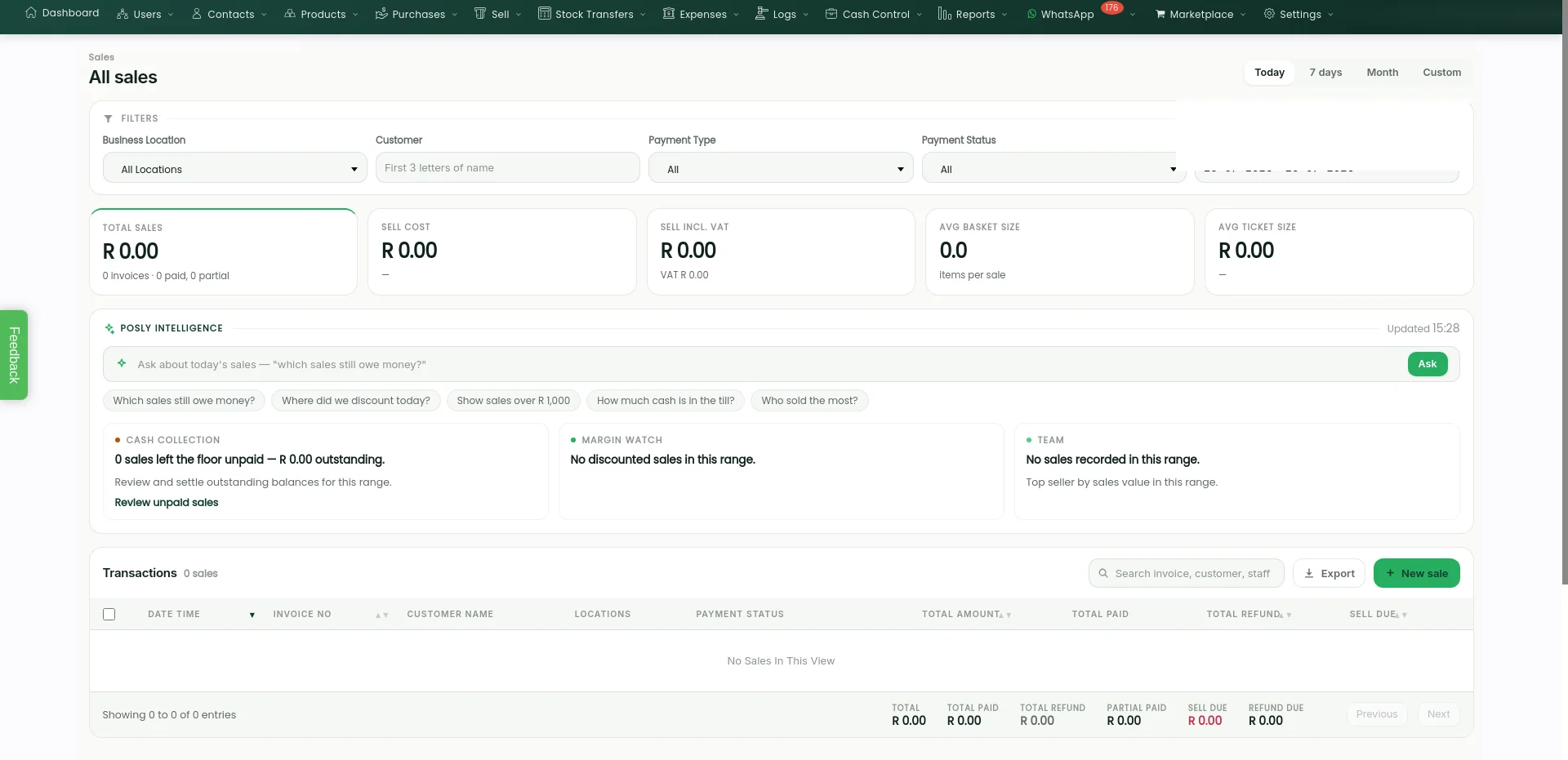 An empty filtered view of the real POSly sales list with summary cards, filters and the Posly Intelligence question bar