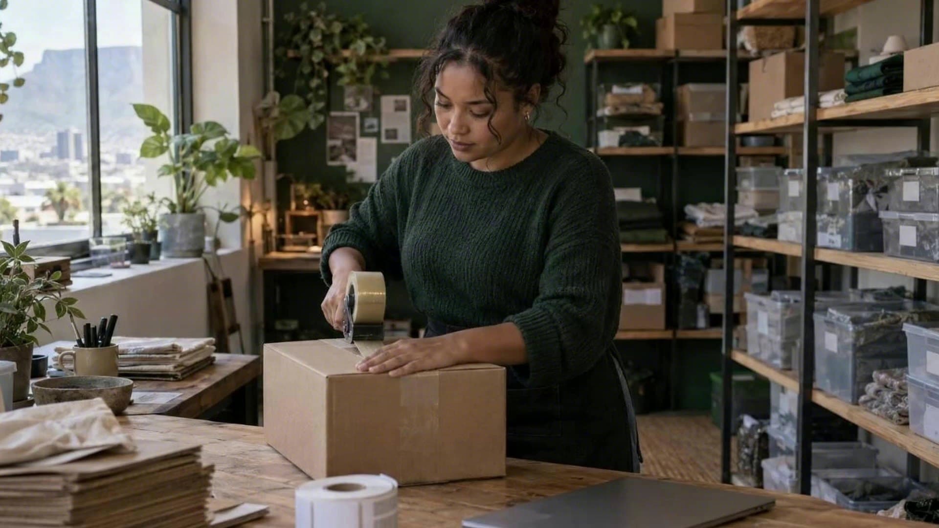 A small business owner tapes a courier parcel beside shelves of labelled stock bins