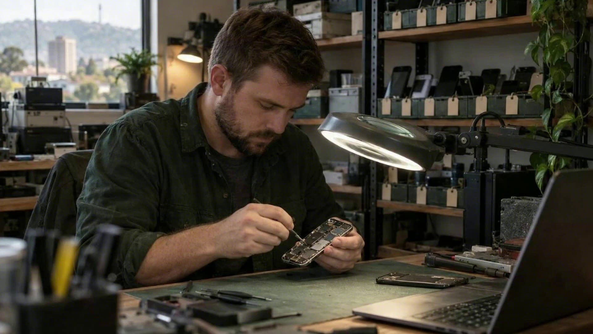 A technician examines an opened smartphone under a magnifier lamp in a repair workshop