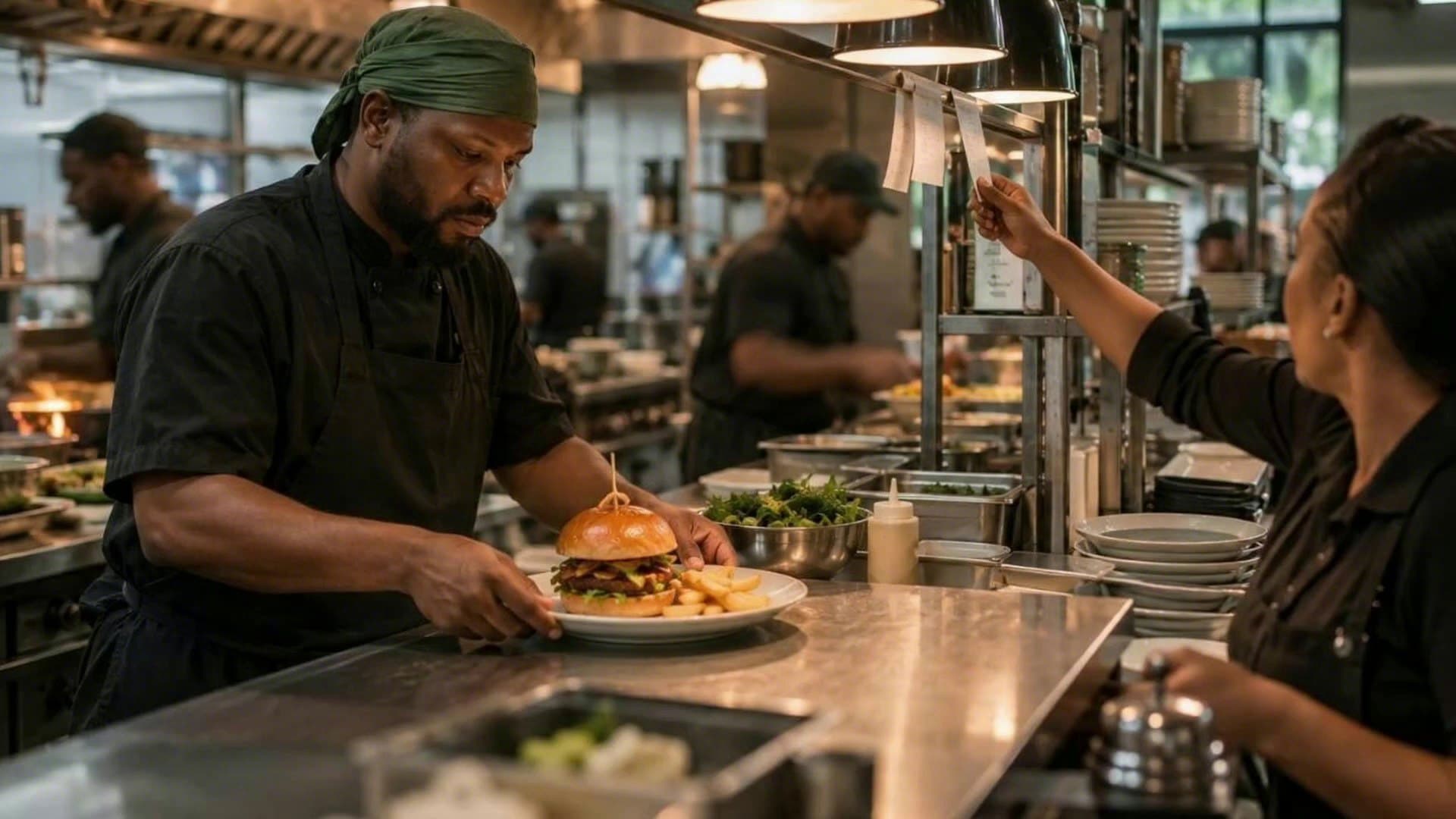 A cook plates food at a busy takeaway kitchen pass while a server collects an order