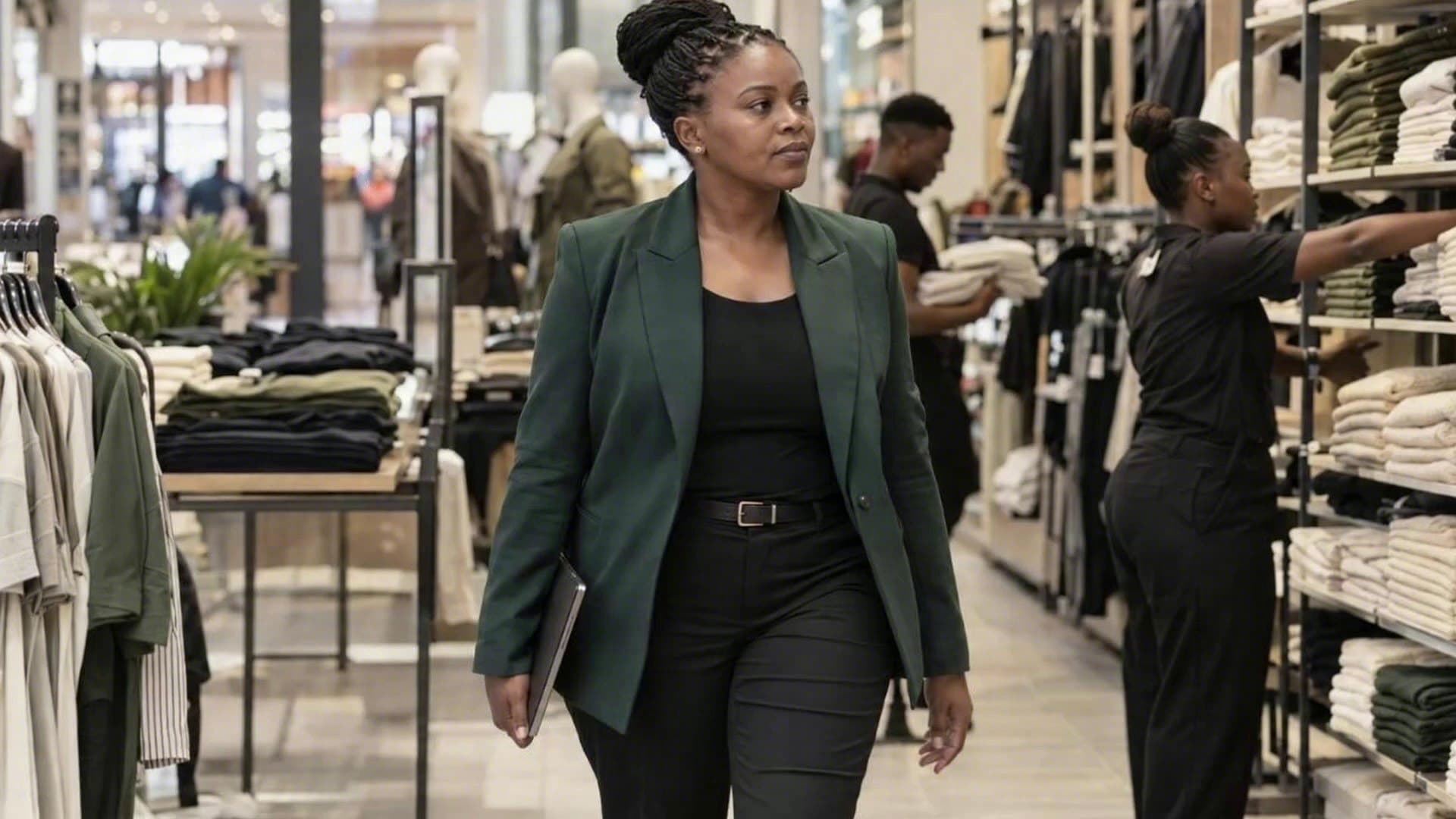 A regional manager walks the floor of a busy clothing store branch while staff restock shelves
