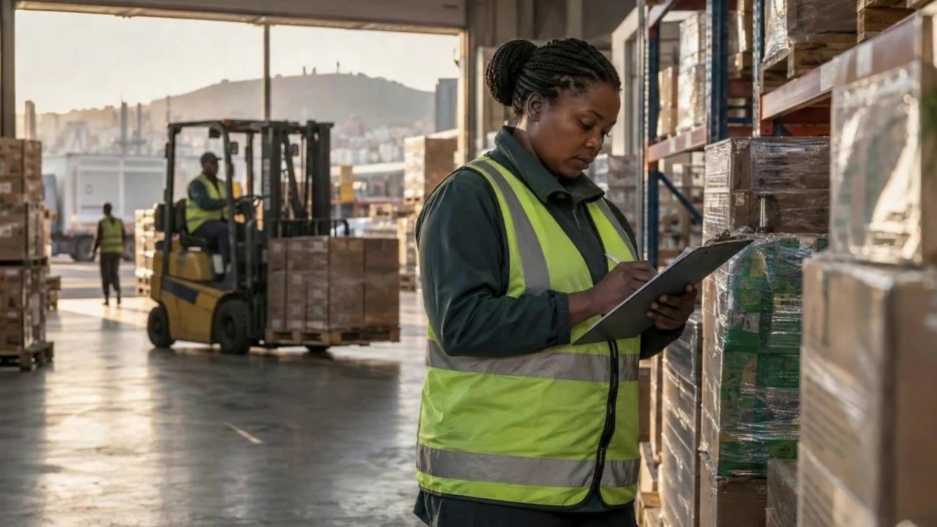 A warehouse supervisor checks pallets on a clipboard while a forklift moves stock